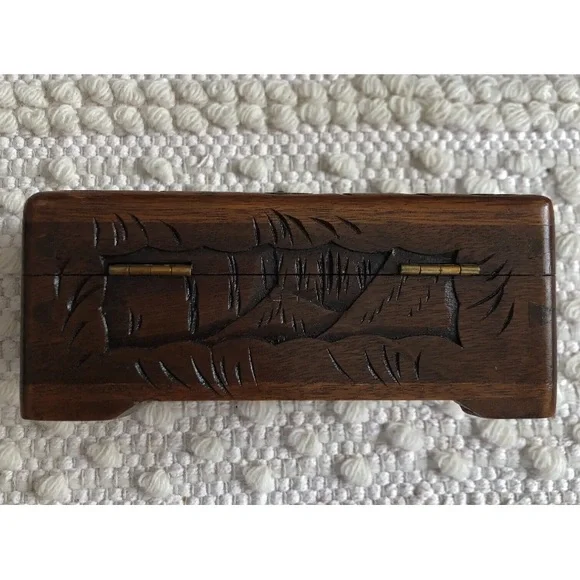 Antique Asian Scenes Hand Carved Ornamental Wood Box/Brass